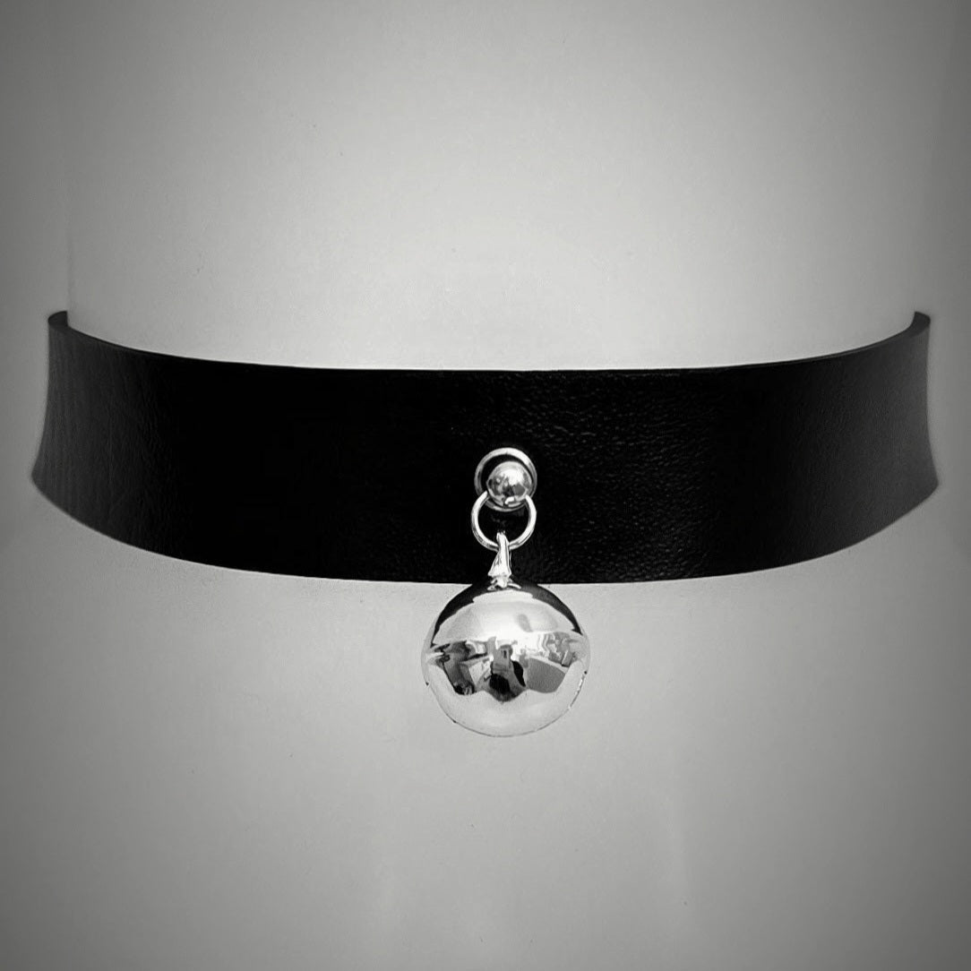 Black Faux Leather Collar Choker Necklace With Silver Bell